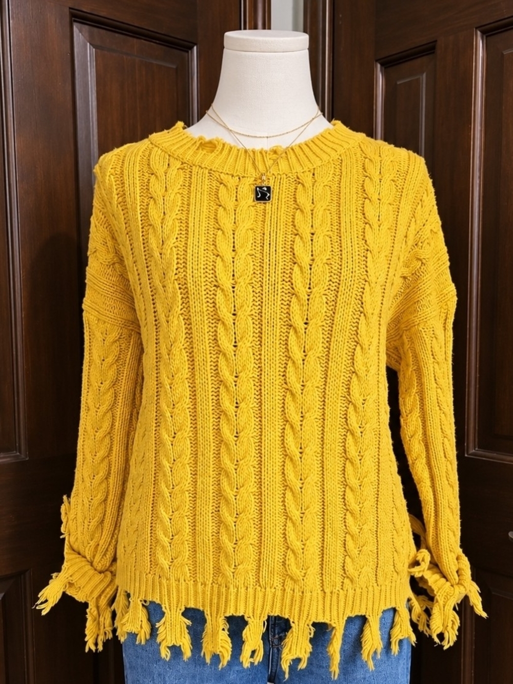Fringe Hem Cable Knit Crewneck Sweater in Mustard